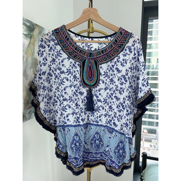 None and/or Unknown Tops - Boutique | Blue Boho Tassle Blouse | Size Small